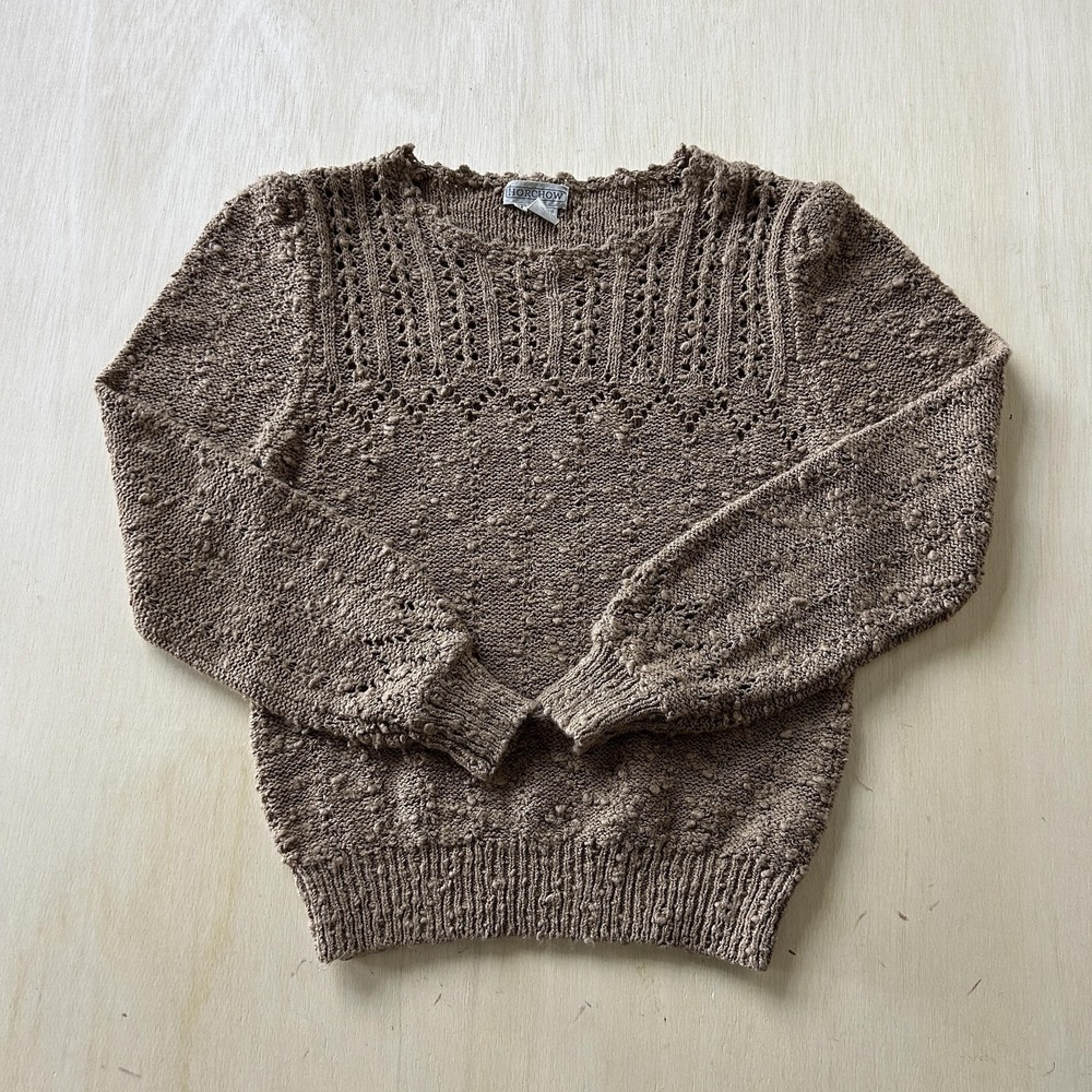 Vintage Horchow Sweater Womens Medium Brown Crochet Knit Pullover Hong Kong